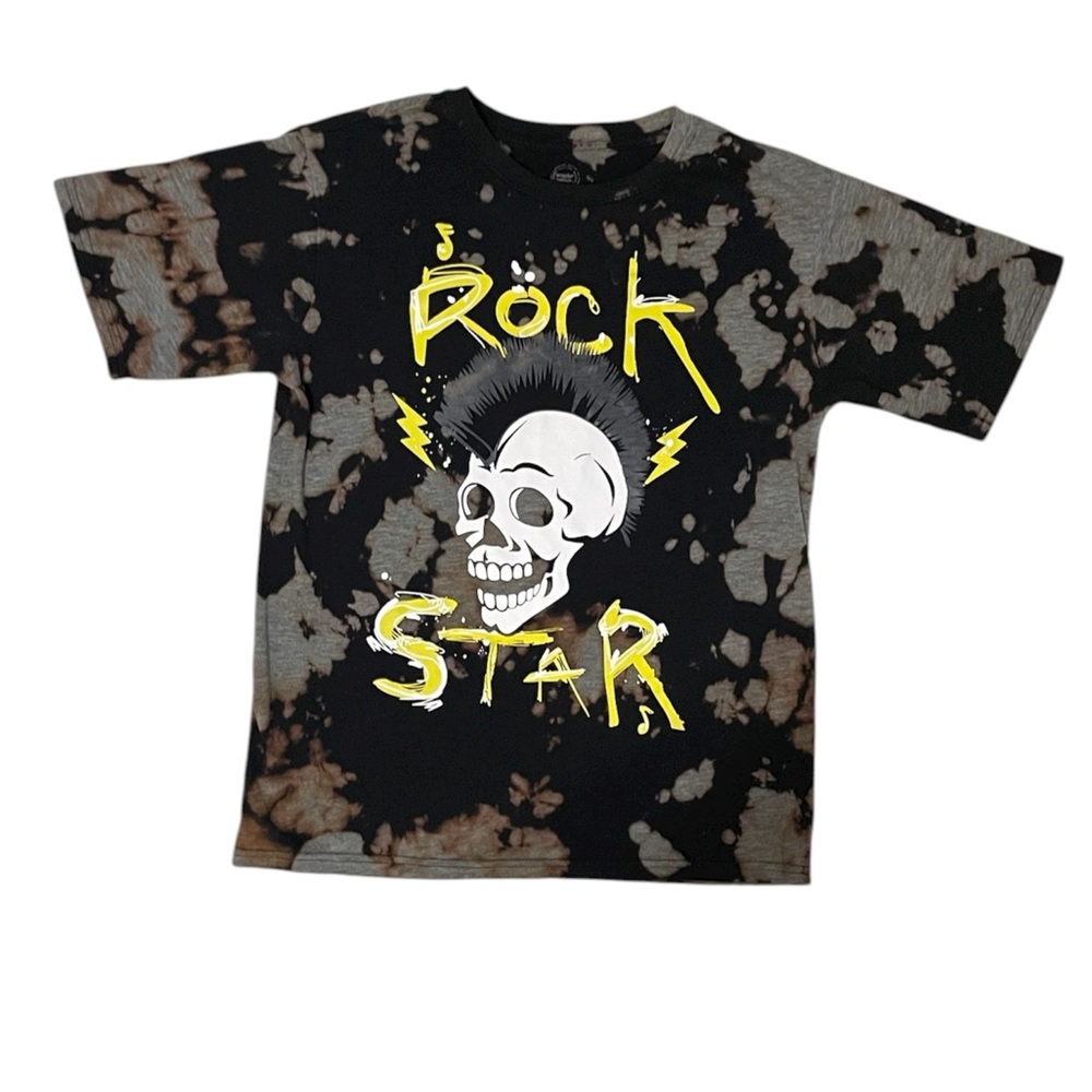 Juniors kids Rock Star skull Black and Yellow short sleeve bleached tee